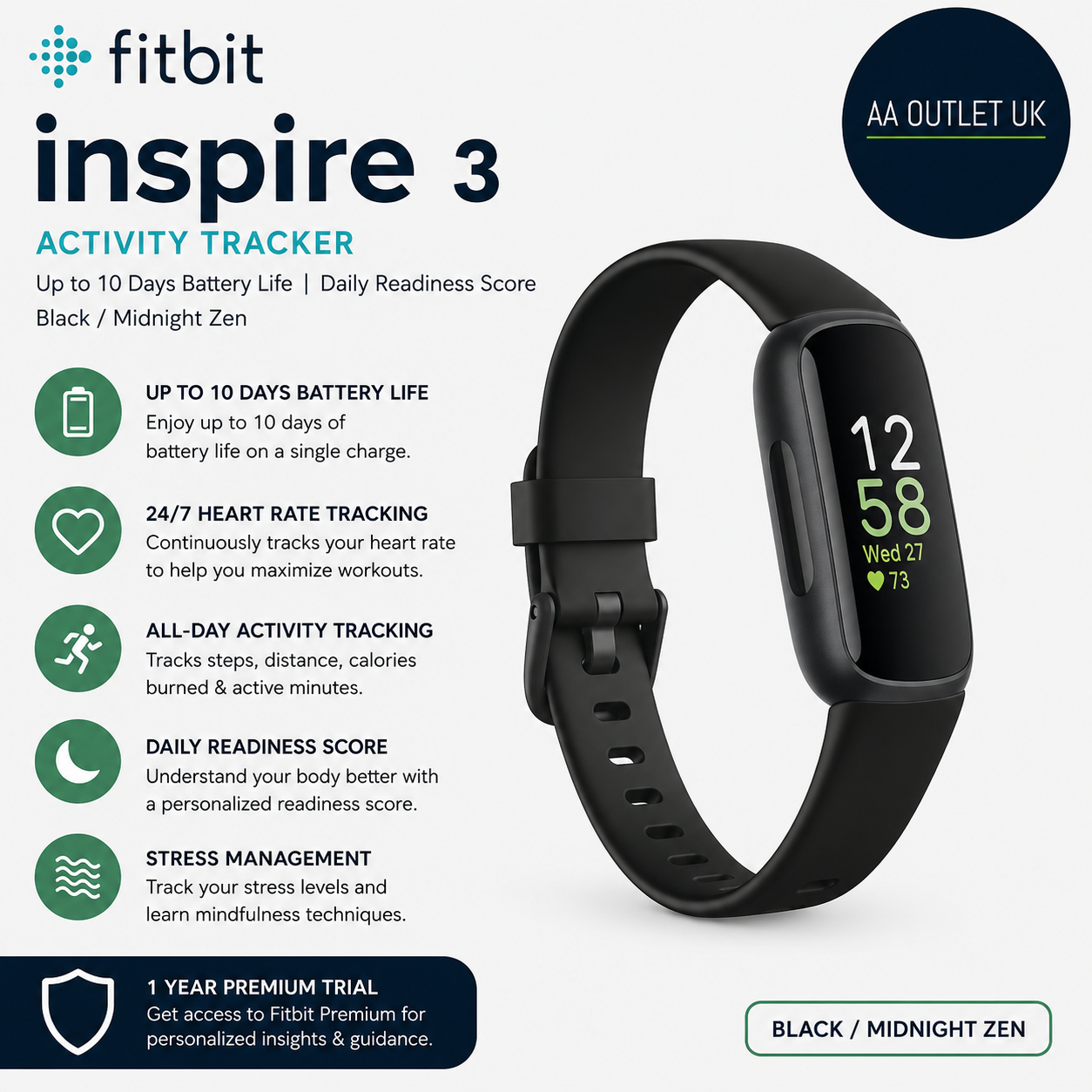 Google Fitbit Inspire 3 Activity Tracker 10 Days Battery Life Android iOS