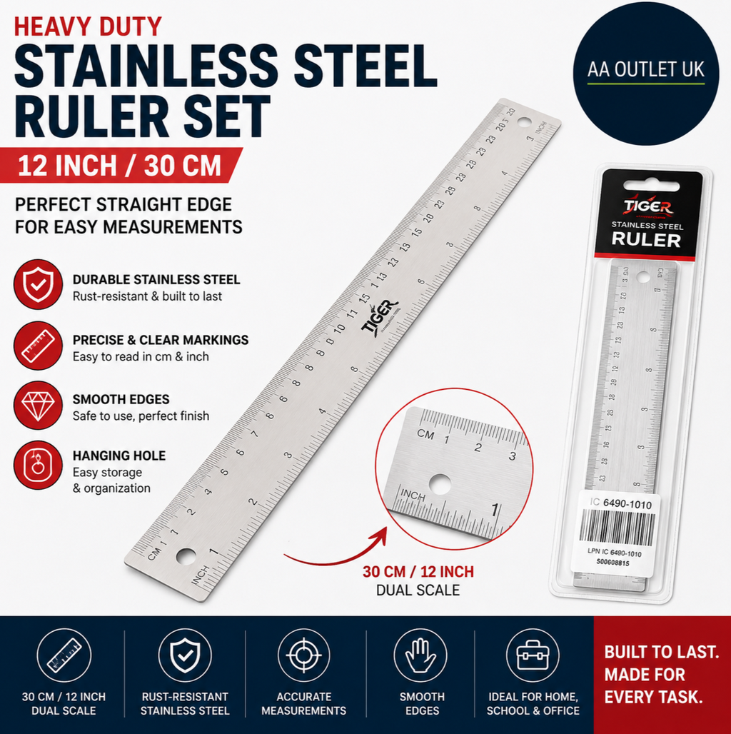 Heavy Duty Stainless Steel Ruler 12in 30cm Metal Kit Perfect Straight Edge