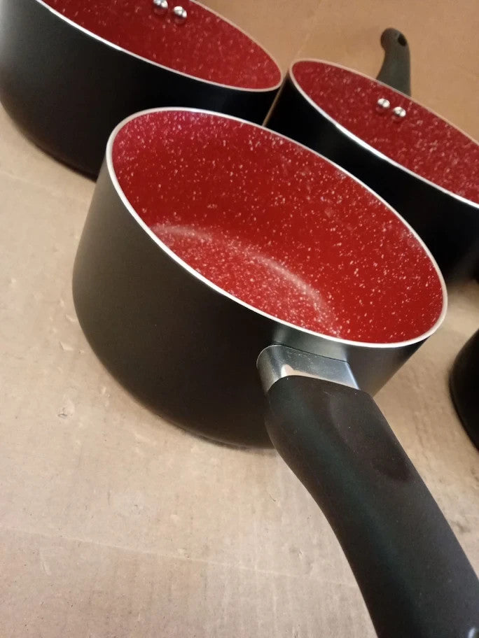 Russell Hobbs 5 Piece Pan Set Red Stone Aluminium External Internal Black