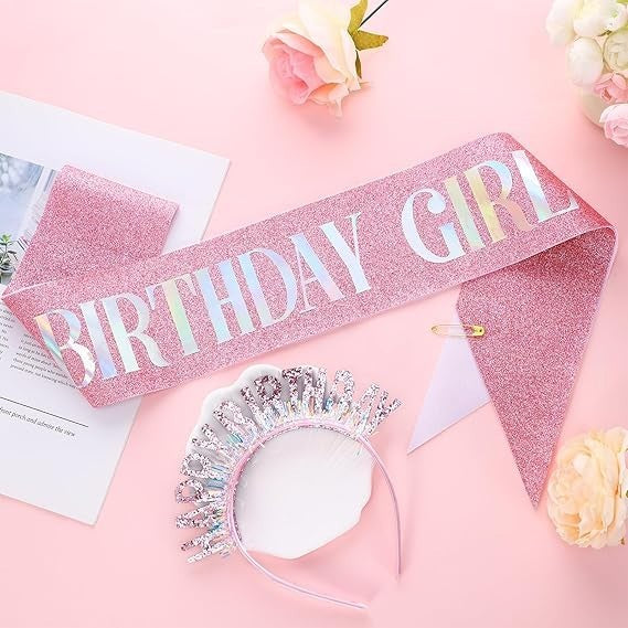 GSrenyu Birthday Girl Sash Tiara Set Sequin Crown Party Accessories Gift New