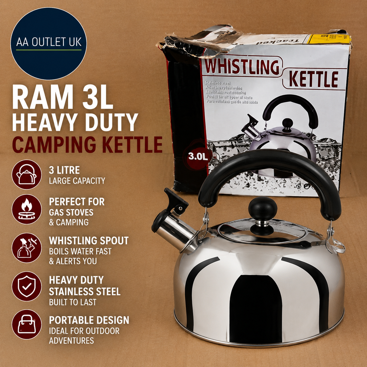 Ram 3L Heavy Duty Camping Kettle Gas Stove Portable Tea Pot Stainless Steel