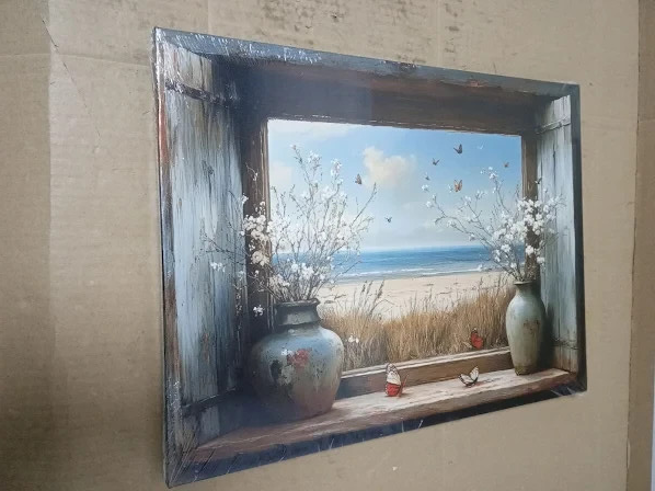Canvas Wall Art 12x16in Framed Window View Painting Flowers Beach Sea Modern New