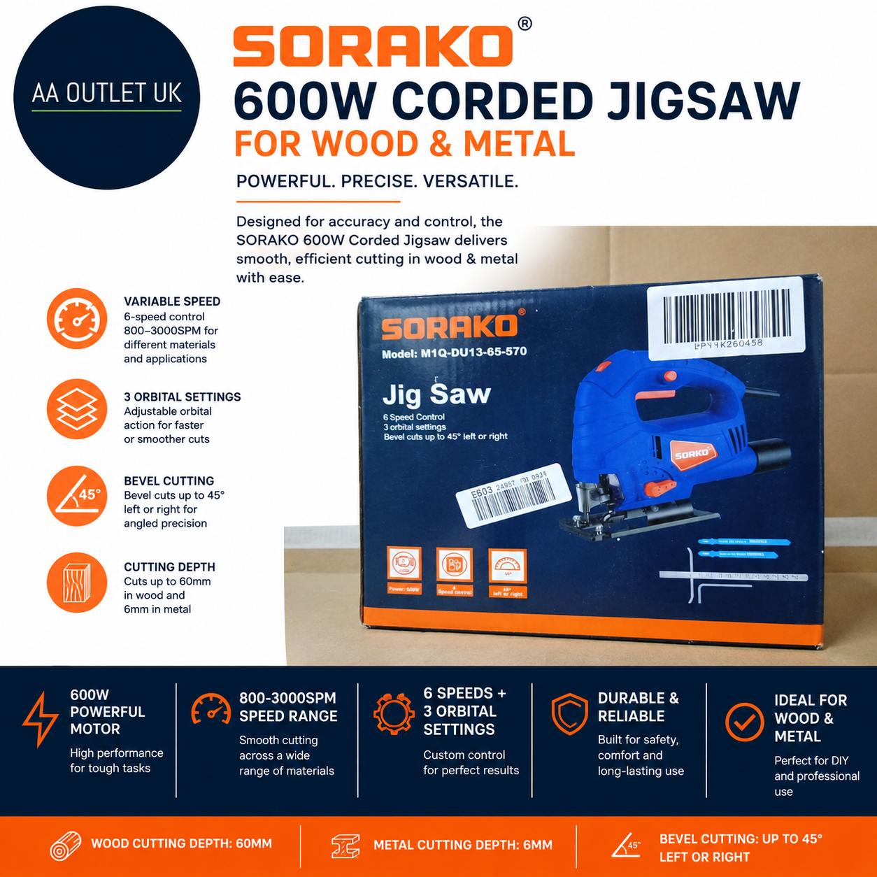 Sorako 600W Corded Wood Metal 800-3000SPM Electric 6 Speeds Blue