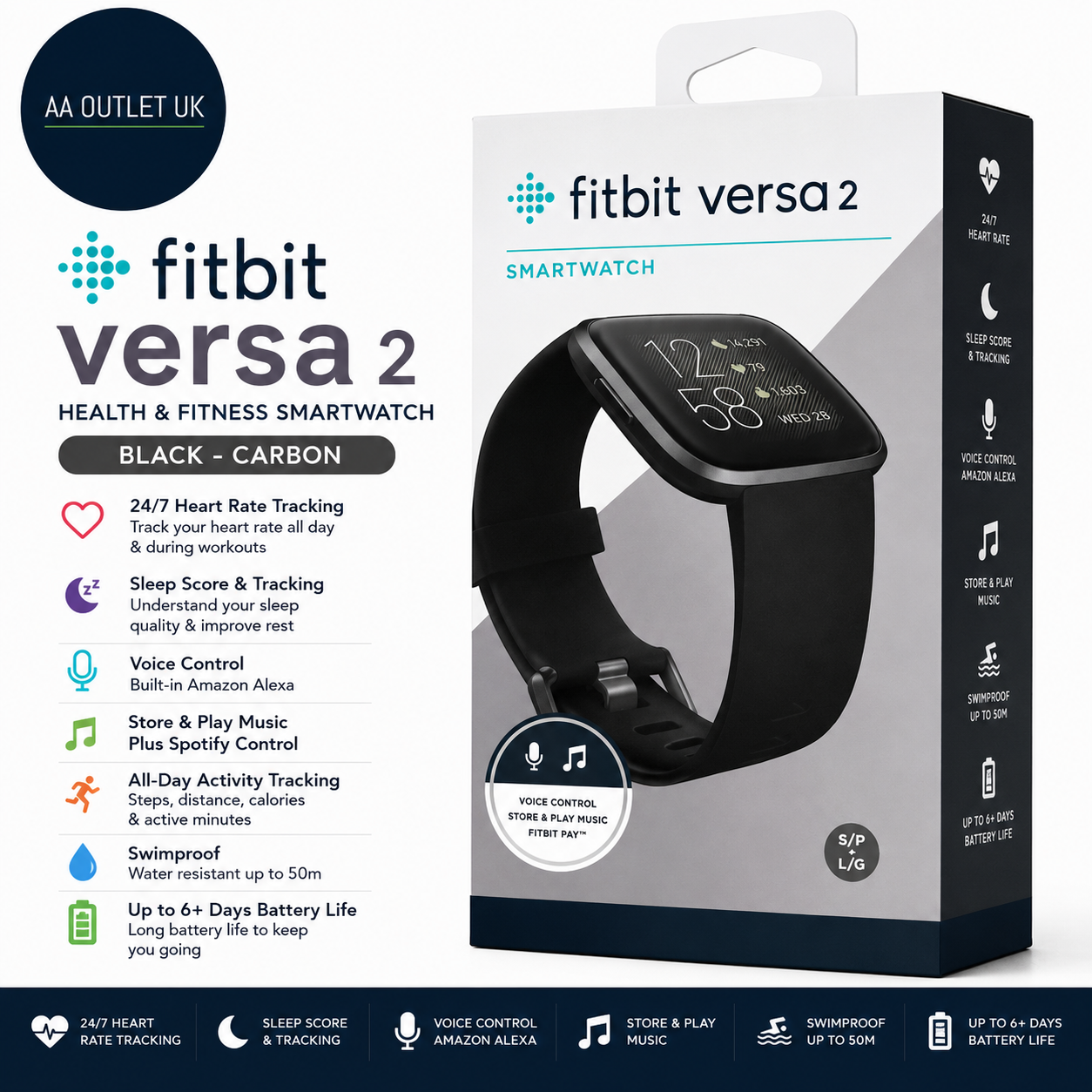 Fitbit Versa 2 Health Fitness Smartwatch Voice Control Sleep Music Swim Track