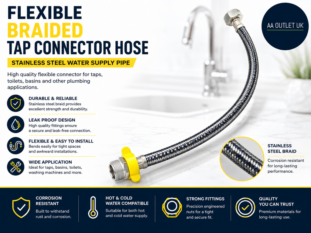 Flexible Braided Tap Connector Hose Stainless Steel Water Supply Pipe Plumbing