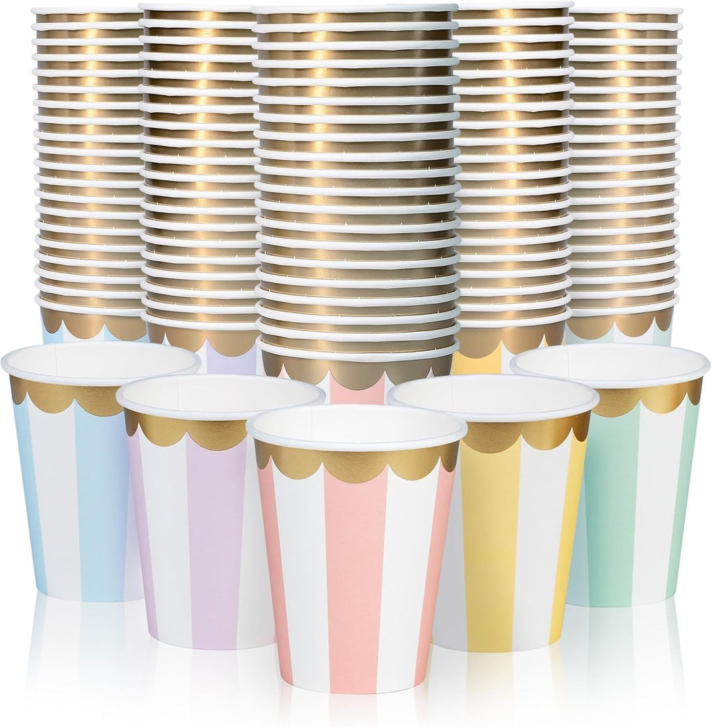Disposable Paper Coffee Cup Bulk 100-Pack 8oz 5 Striped Pastel Colourways New