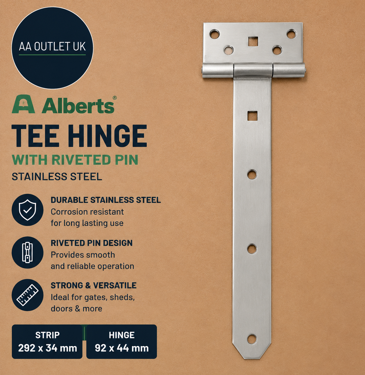 Alberts 326142 Tee Hinge Riveted Pin Stainless Steel Strip 292x34m Hinge 92x44mm