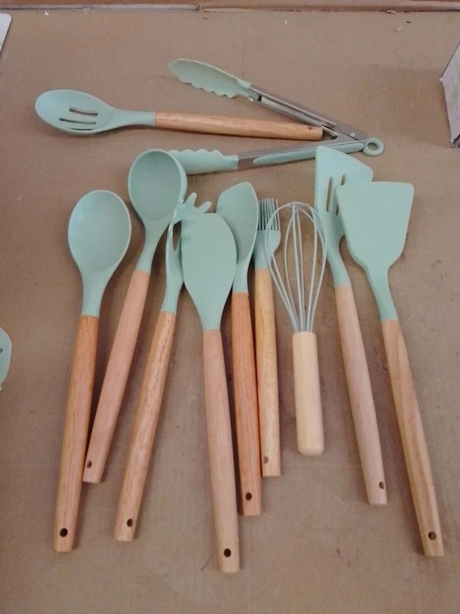 12pc Kitchen Utensil Set Silicone Cooking Utensils Wooden Handle Heat Resistant