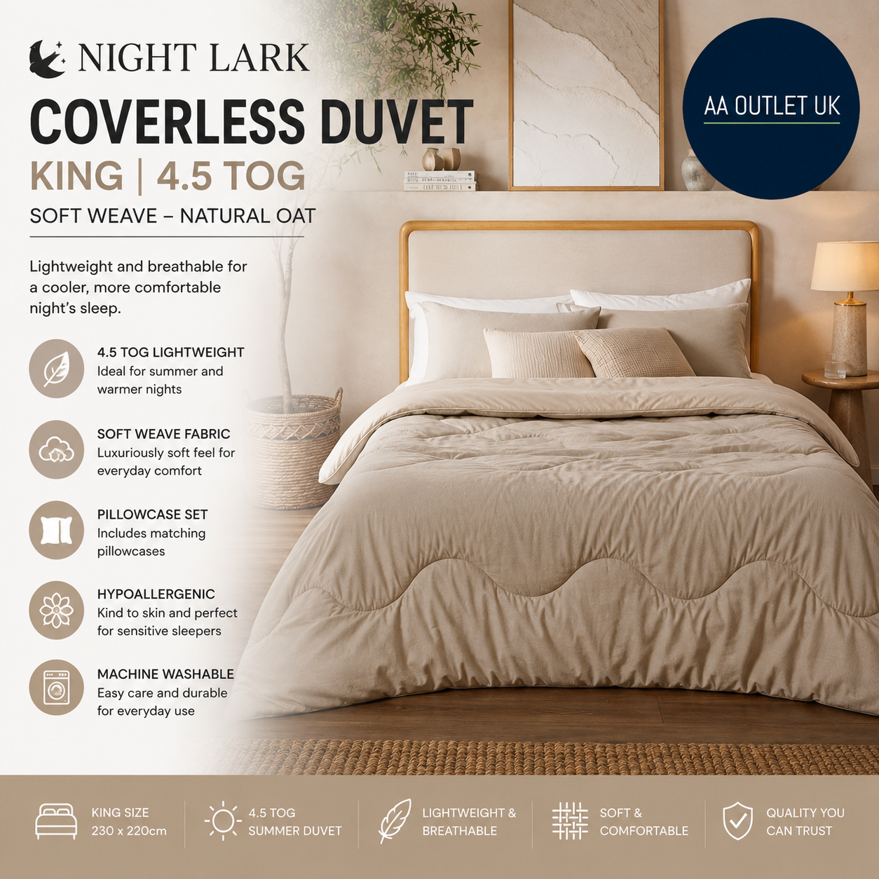 Night Lark Coverless Duvet King 4.5 Tog Soft Weave Natural Oat King Size