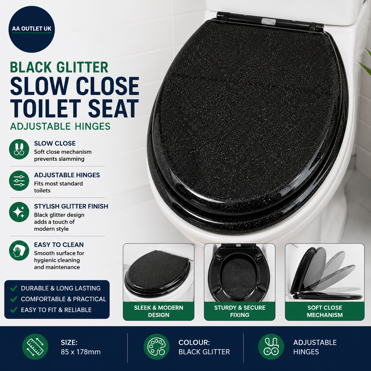 Home Black Glitter Slow Close Toilet Seat 85x178mm Adjustable Hinges