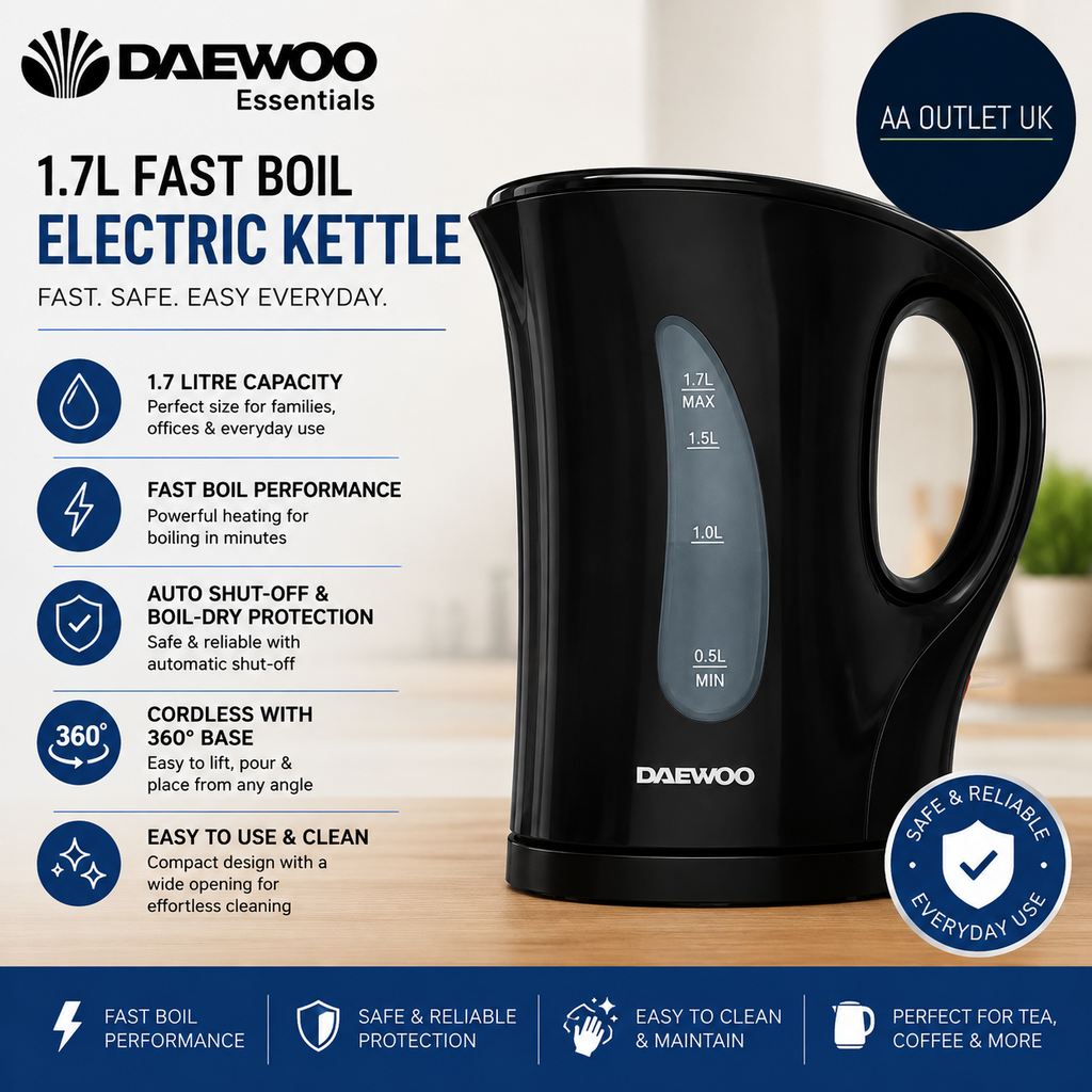 Daewoo Essentials 1.7L Fast Boil Electric Kettle Black Plastic Cordless Jug