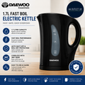 Daewoo Essentials 1.7L Fast Boil Electric Kettle Black Plastic Cordless Jug