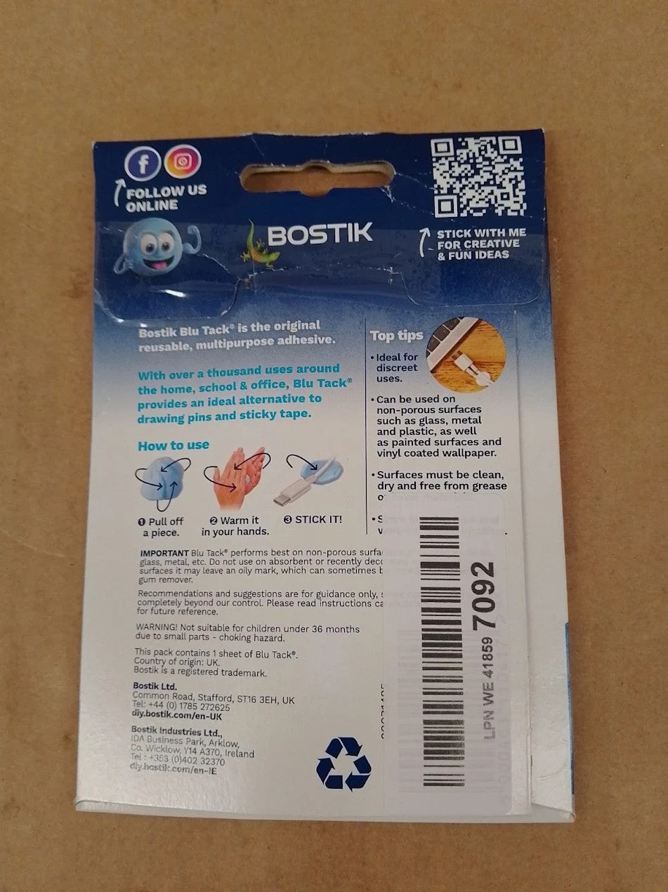 Bostik Blu Tack Blue Handy Size Multipurpose Reusable Adhesive Clean New