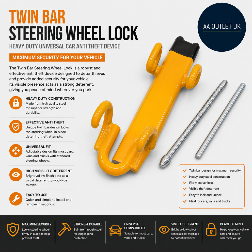 Twin Bar Steering Wheel Lock Heavy Duty Universal Car Anti Theft Dvice