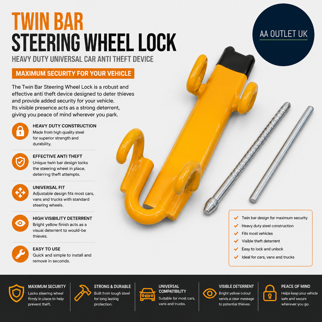 Twin Bar Steering Wheel Lock Heavy Duty Universal Car Anti Theft Dvice