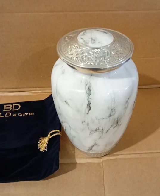 Bold Divine White Marble Finish Cremation Urn Recycled Aluminium Adult New
