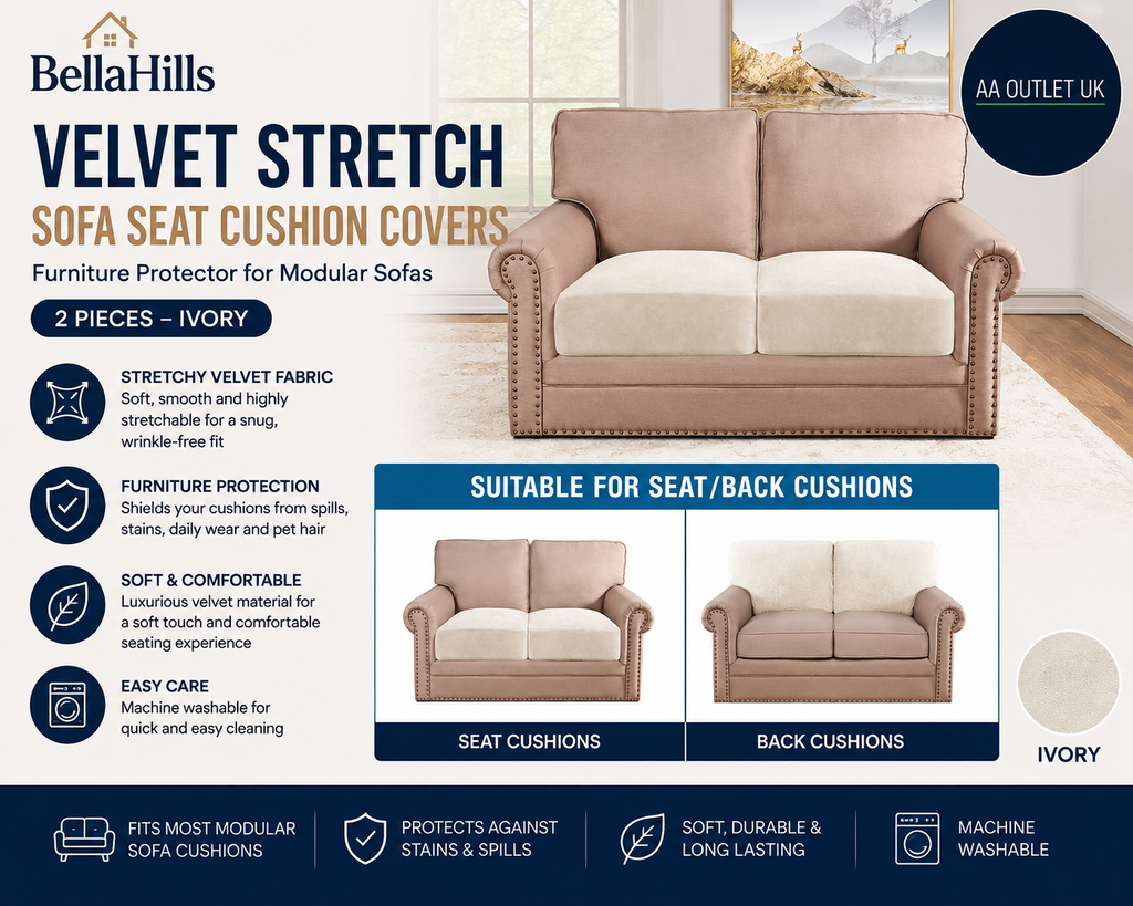 BellaHills Velvet Stretch Sofa Seat Cushion Covers Couch 77x150x25cm 2pc Ivory