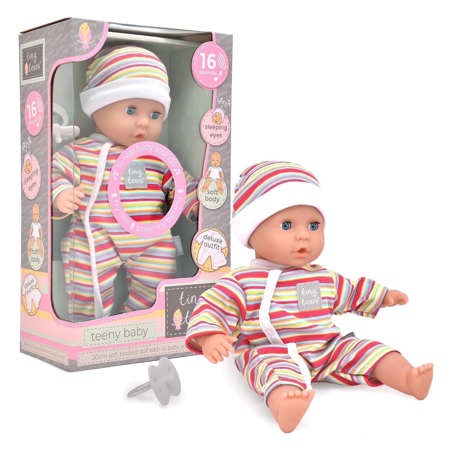 John Adams Tiny Tears Teeny Baby 30cm Soft Bodied Luxury Outfit Doll 1+ New