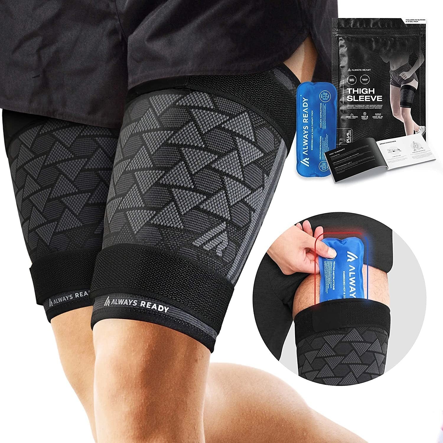 Always Ready Thigh Compression Support Sleeve 2 Per Pack Hot Cold Gel Medium New