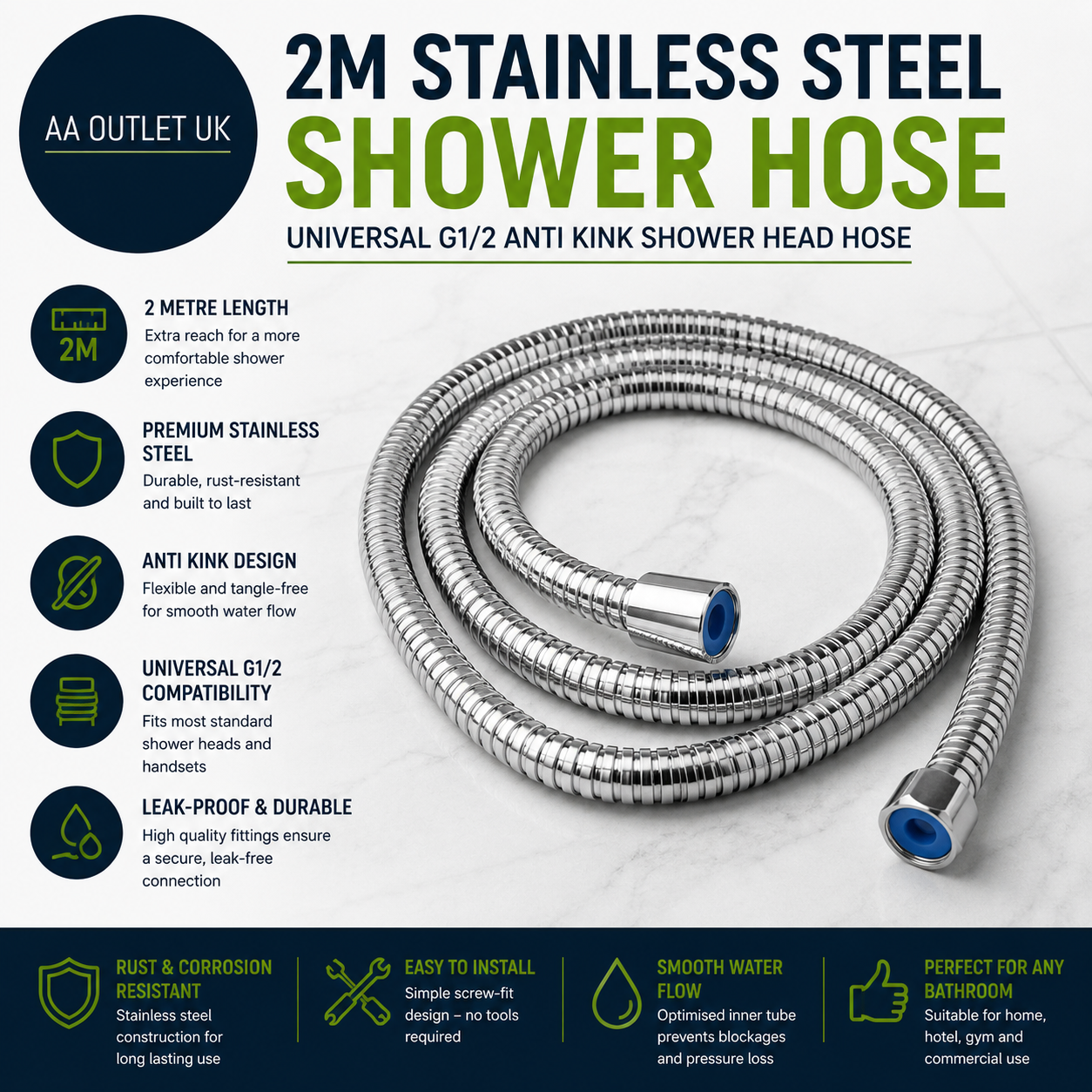 2M Stainless Steel Shower Hose Universal G1/2 Anti Kink Head Modern Design