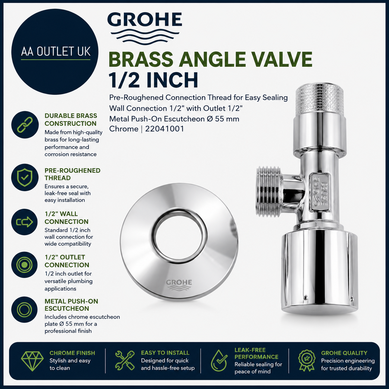 Grohe Brass Angle Valve 1/2in Pre Roughened Connection Thread Chrome 22041001