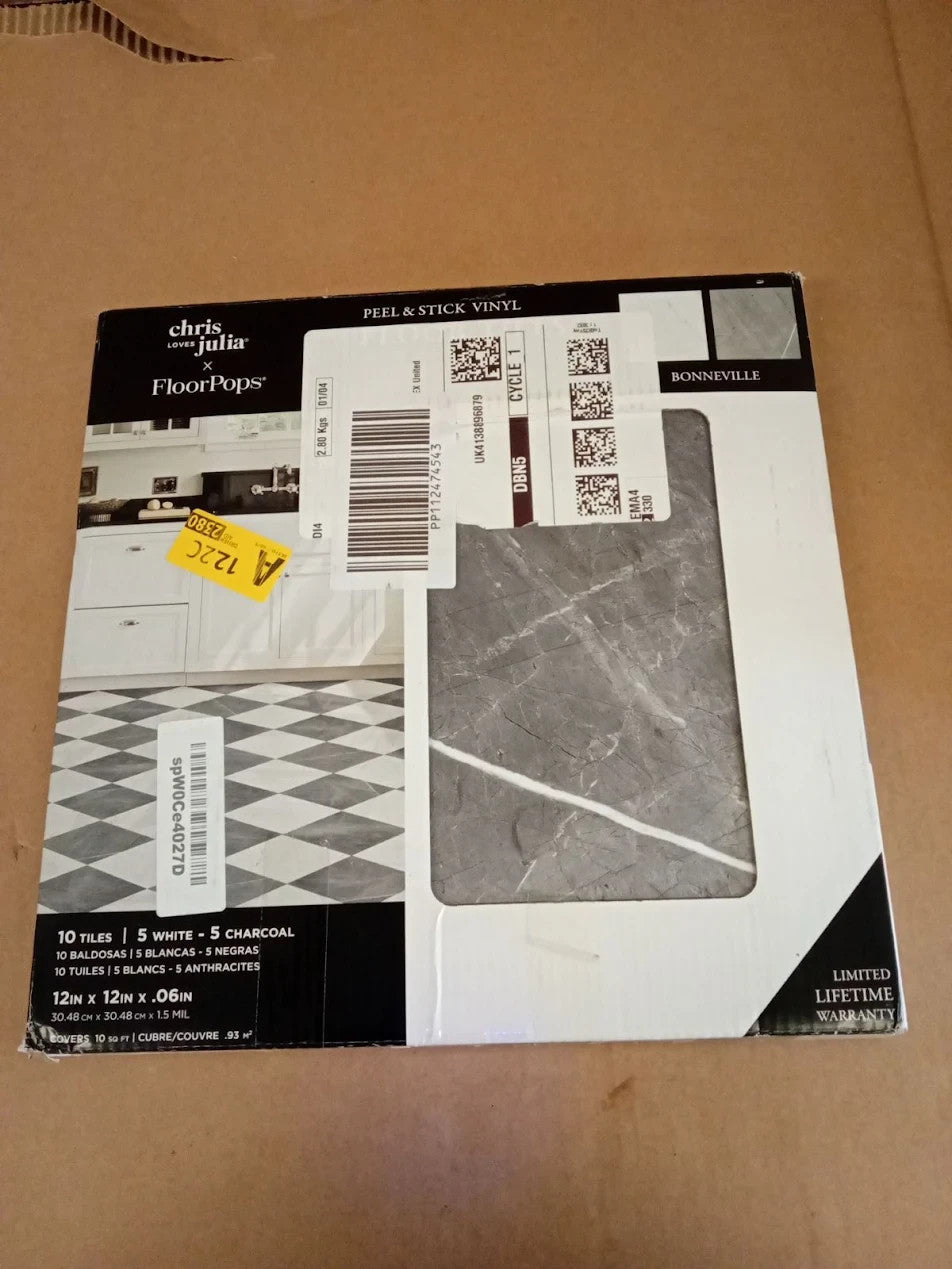 Chris Loves Julia FloorPops 12x12x.06in Grey White Marble Bonneville Peel New
