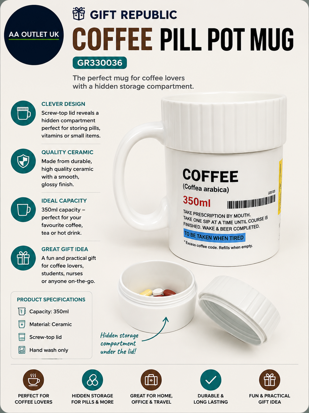 Gift Republic GR330036 Leak Proof Coffee Pill Pot Mug Porcelain 350ml New