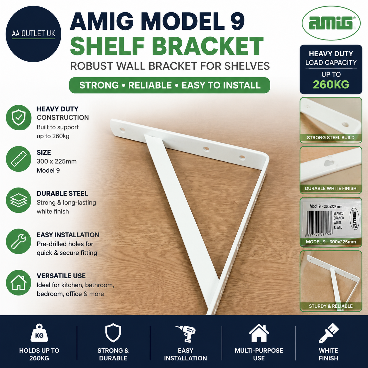 Amig Model 9 Shelf Wall Bracket Robust 300x225mm Up To 260kg White Steel