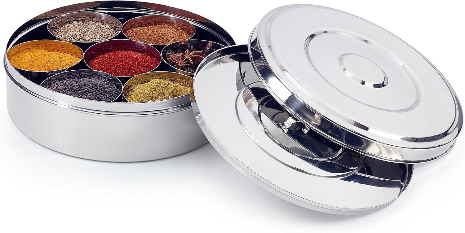 Spice Box Masala Dabba With 7 Compartments And 2 Stainless Steel Lids Silver New