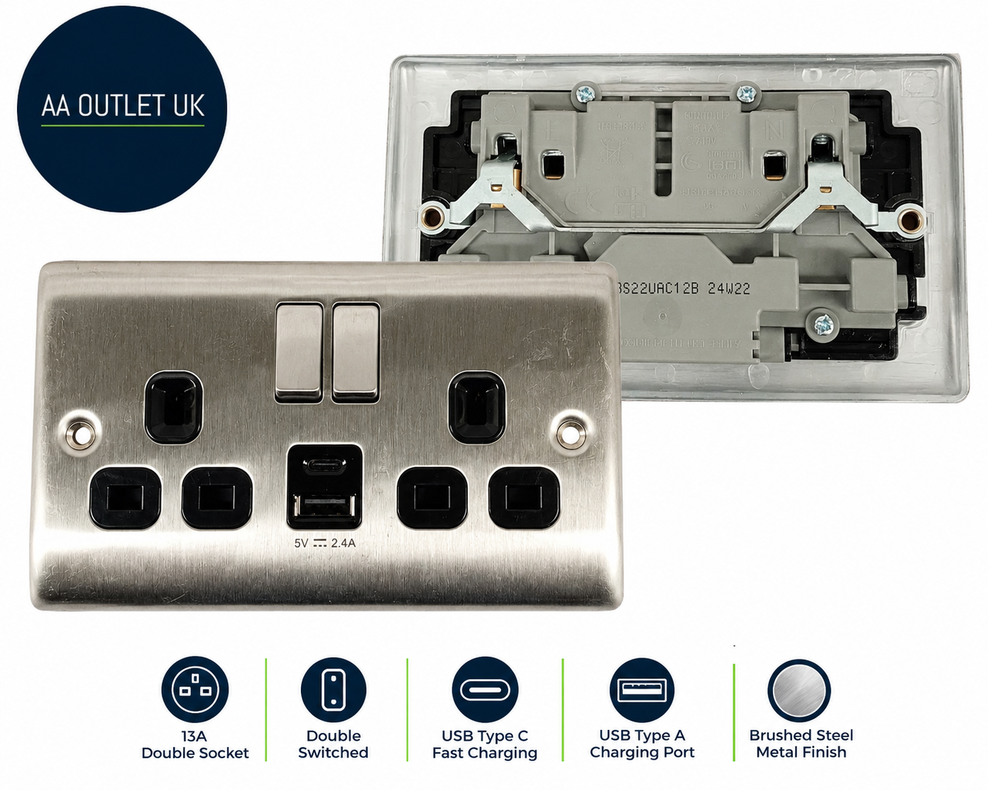 BG Electrical NBS22UAC12B 12W Double Switched Power Wall Plug 13A Brushed Steel