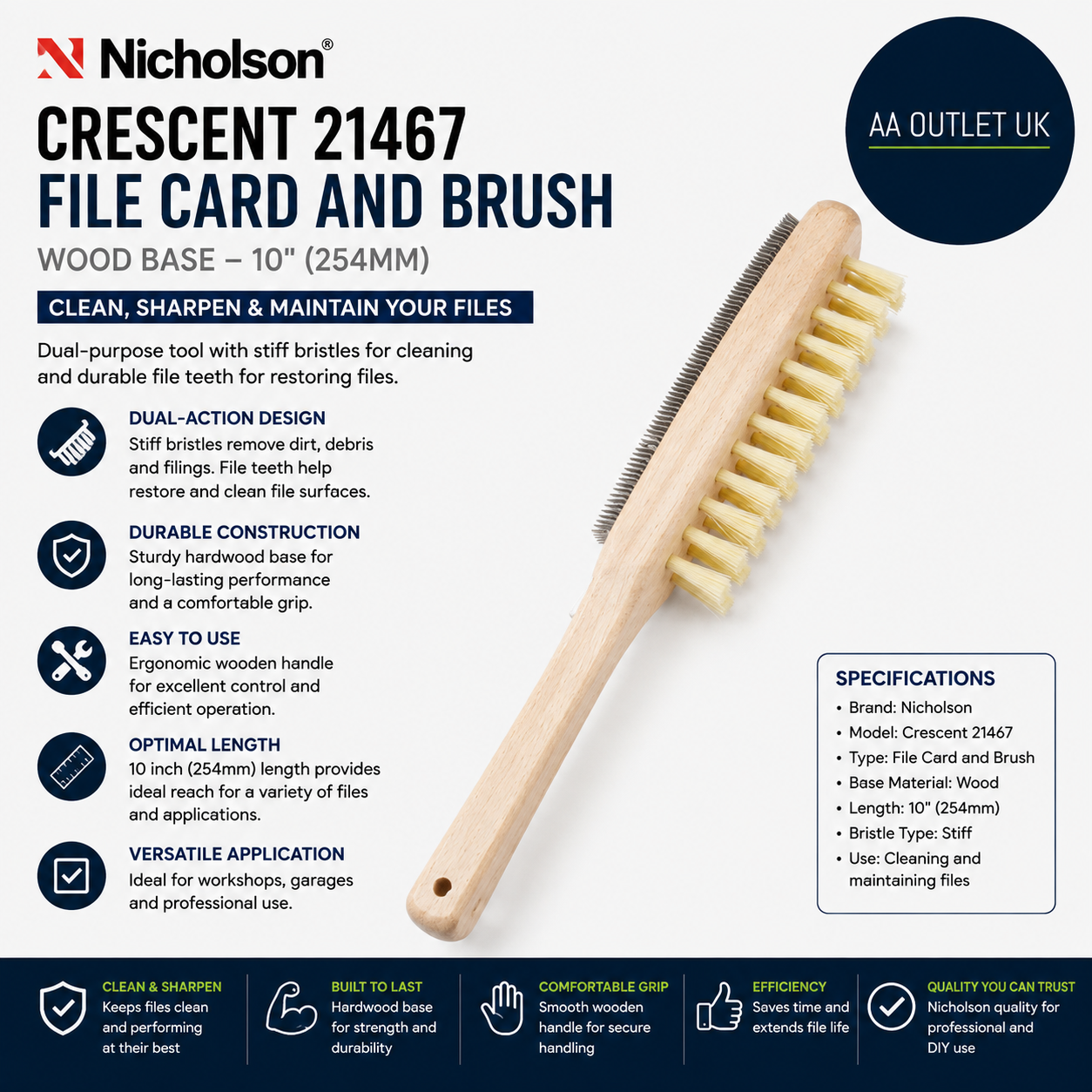 Nicholson Crescent 21467 File Card Brush Wood Base 10x254mm File Maintenance