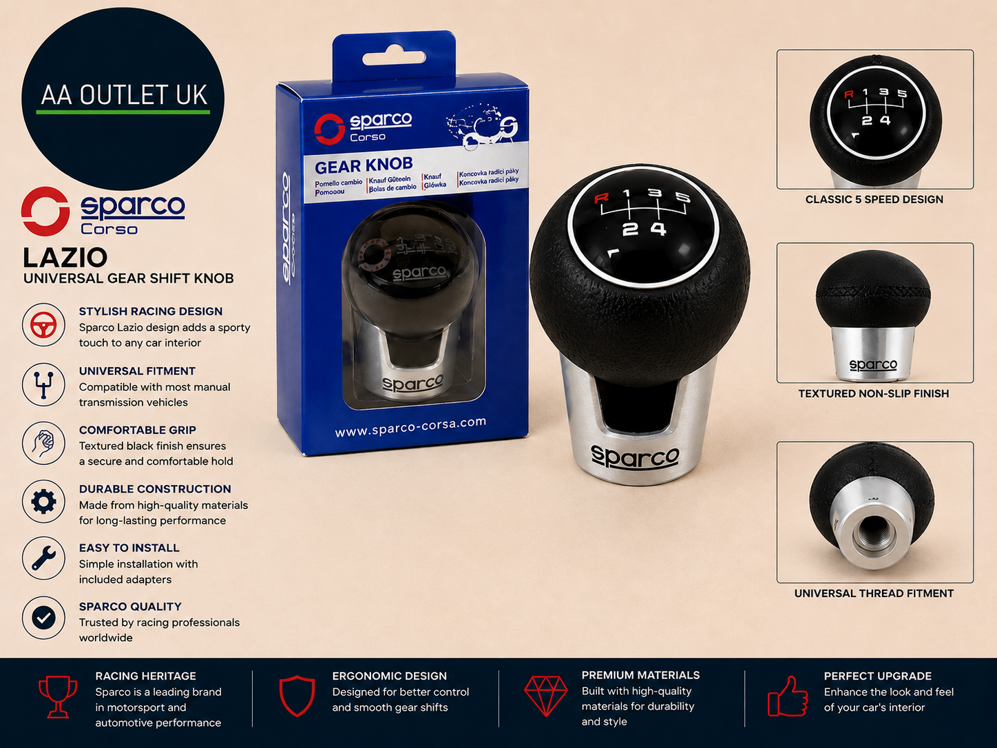 Sparco Lazio Universal Manual Gear Shift Knob Black Red Car Gearstick Design
