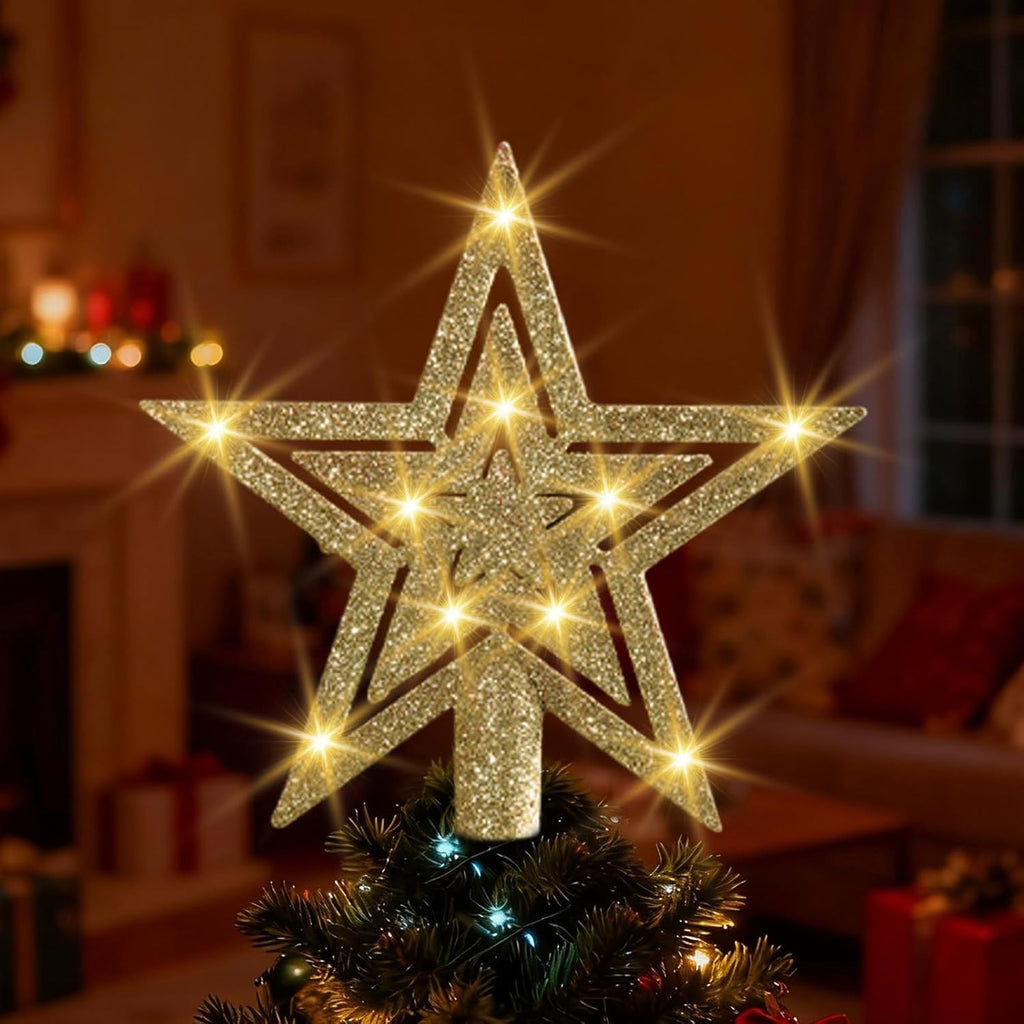 7.1" Gold Glitter Star Tree Topper 10 LED Lights Xmas Decor Outdoor Indoor New