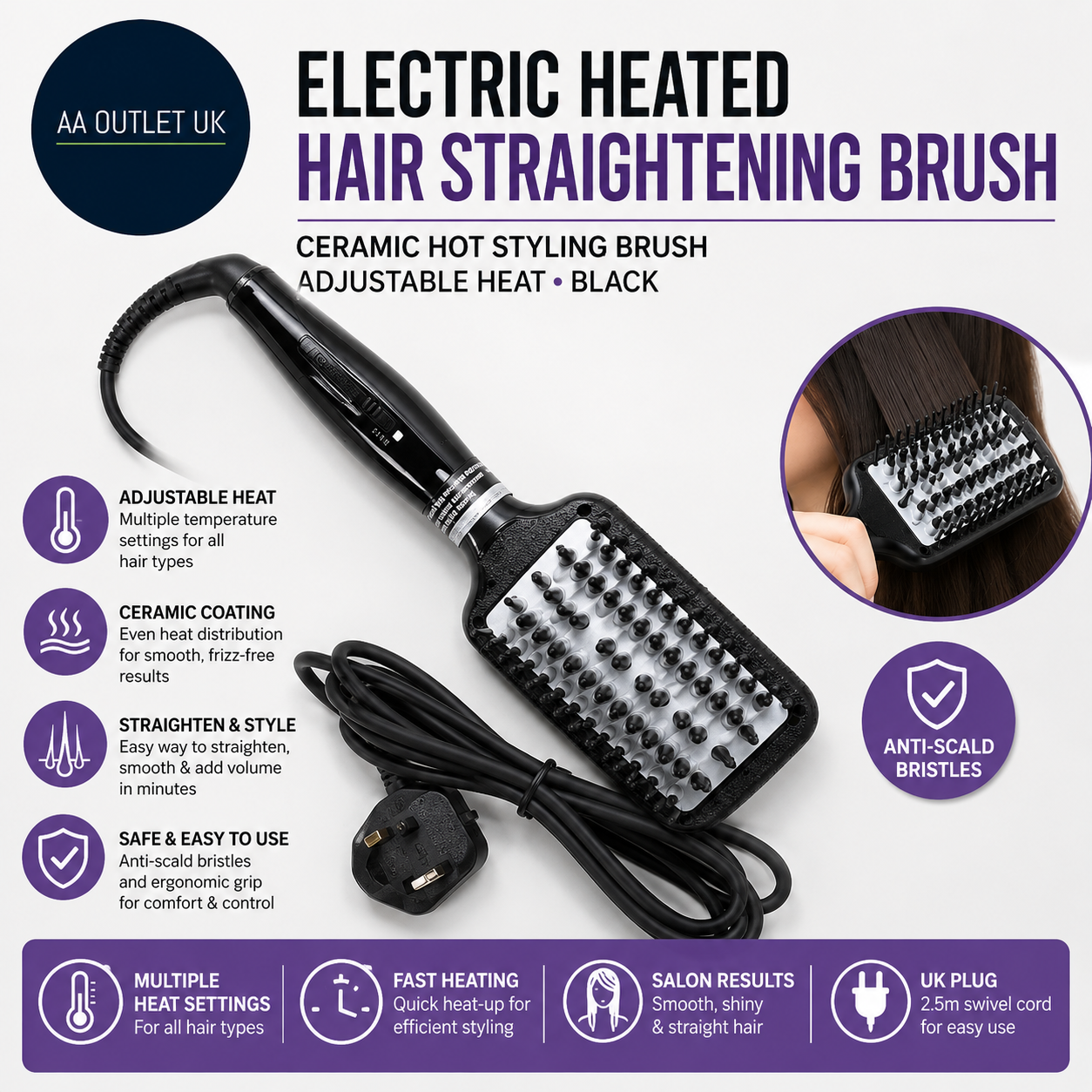 Electric Heated Hair Straightening Brush Ceramic Hot Styling Adjustable Heat