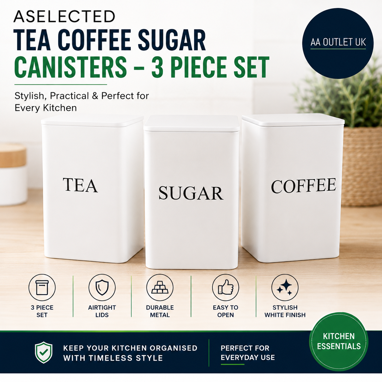ASelected Tea Coffee Sugar Canisters 3 Piece Metal Food Storage Jars 10x10x10mm