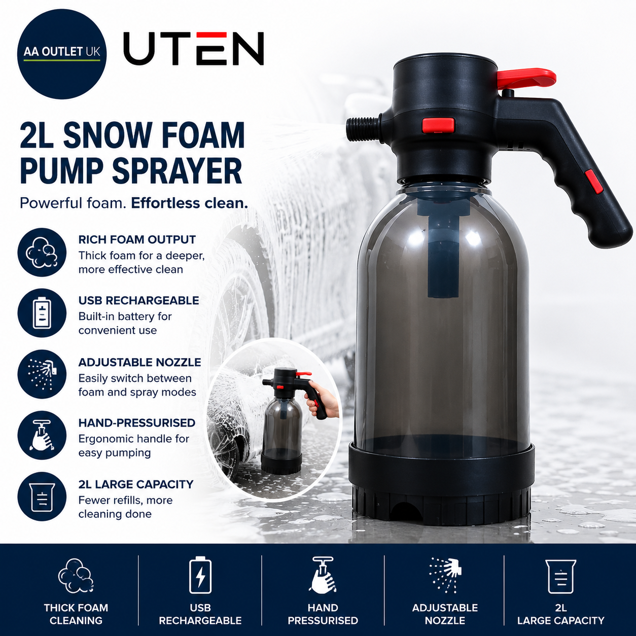 Uten Snow Foam Pump Sprayer 2L Car Wash Sprayer USB Rechargeable Handheld Bottle