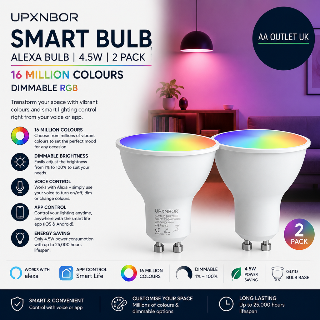 UPXNBOR Smart Bulb Alexa Bulb 4.5W 16 Million Colours Dimmable RGB 2 Pack