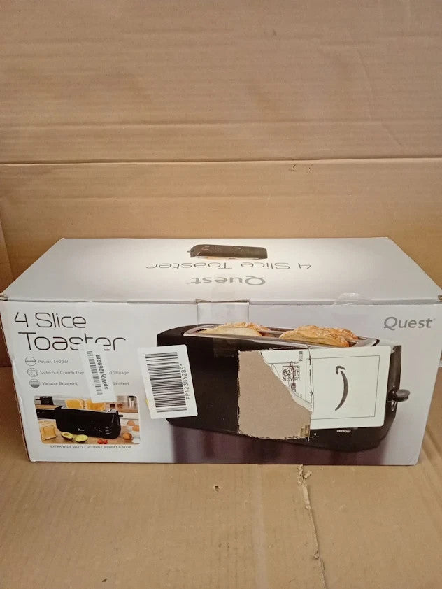 Quest 4 Slice Toaster Black Extra Wide Long Slots Crumpets And Bagels 1400w