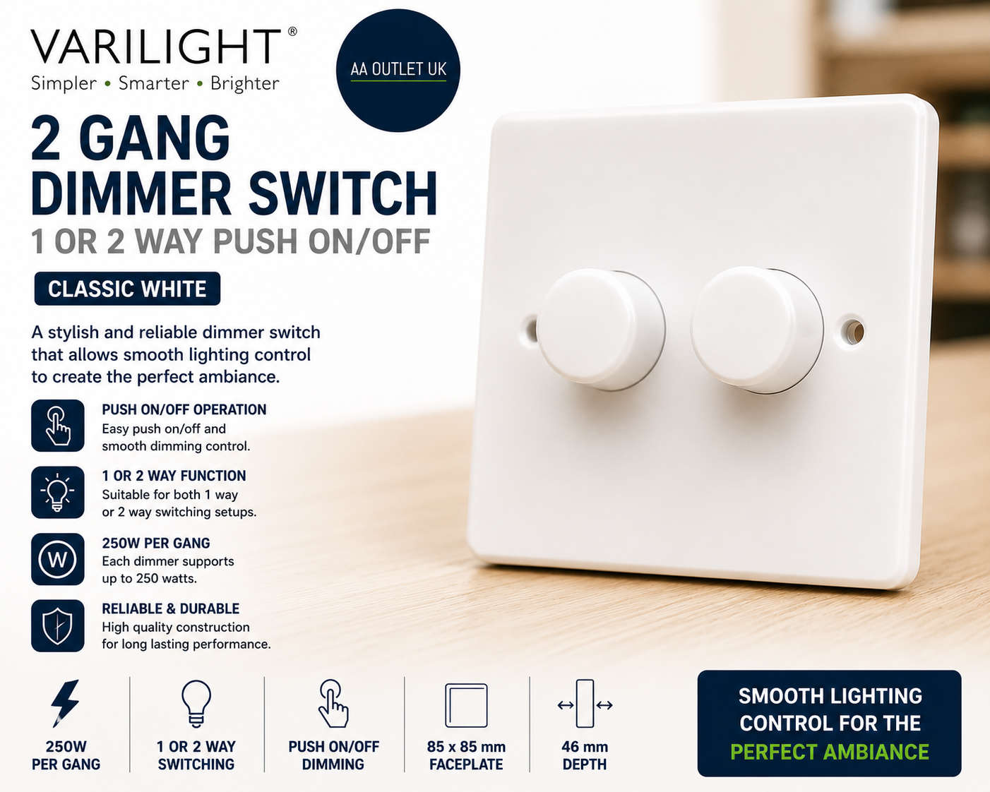 Varilight 2 Gang 1 2 Way 2x250 Watt Push On Off Standard Dimmer Switch White