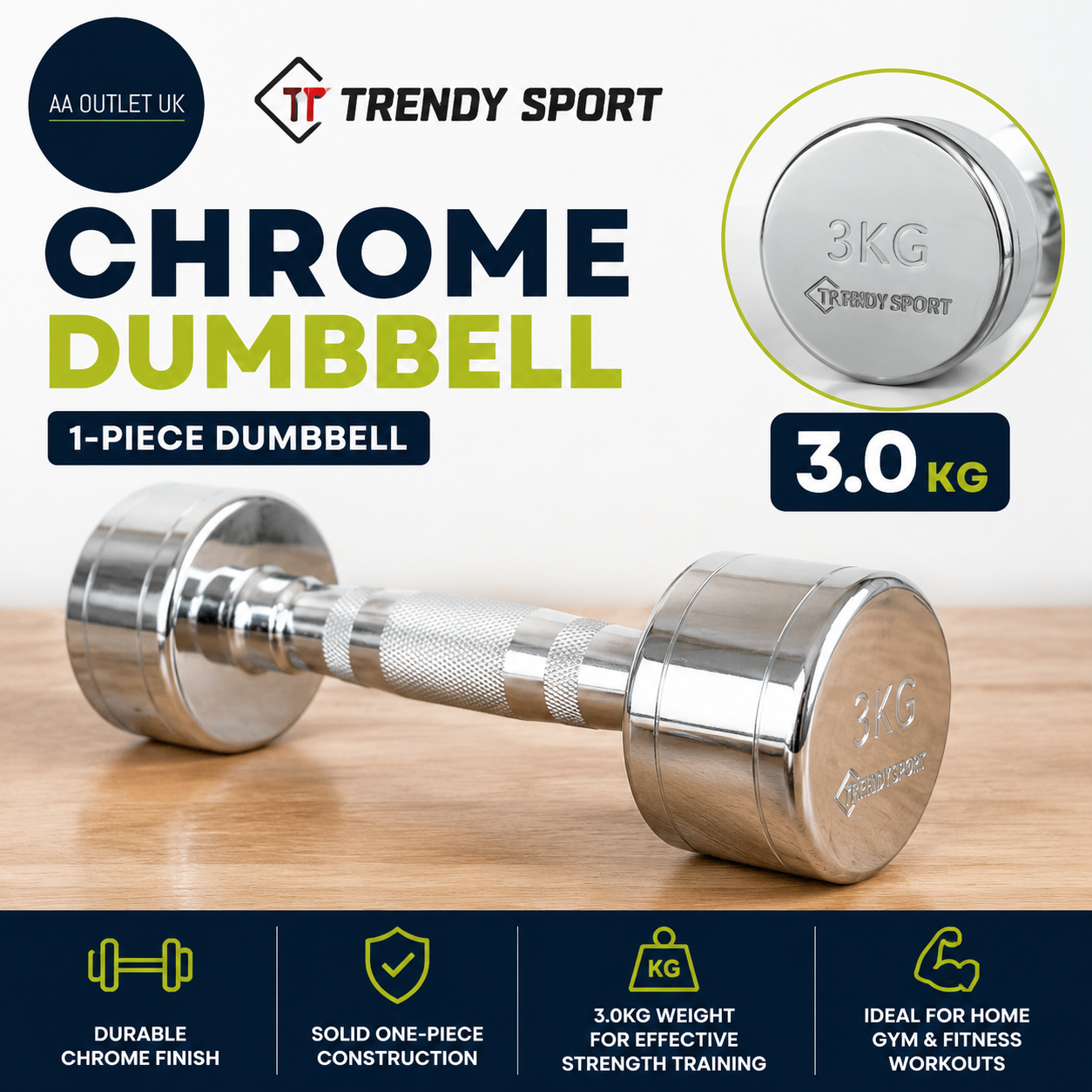 Trendy Sport Chrome Dumbbell Weight 1 Piece 3kg Alloy Steel Compact Silver