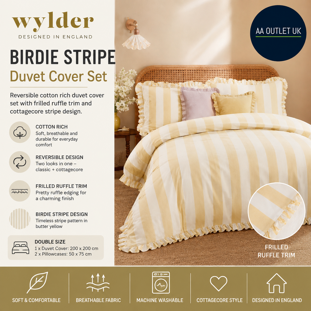 Wylder Birdie Stripe Duvet Cover Set Reversible Cotton Rich Frilled 200x200x1cm