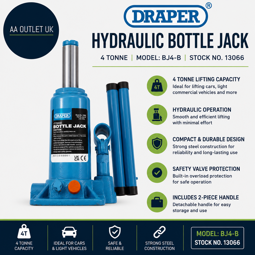 Draper 13066 BJ4B Hydraulic Bottle Jack 4 Tonne Blue High Carbon Steel