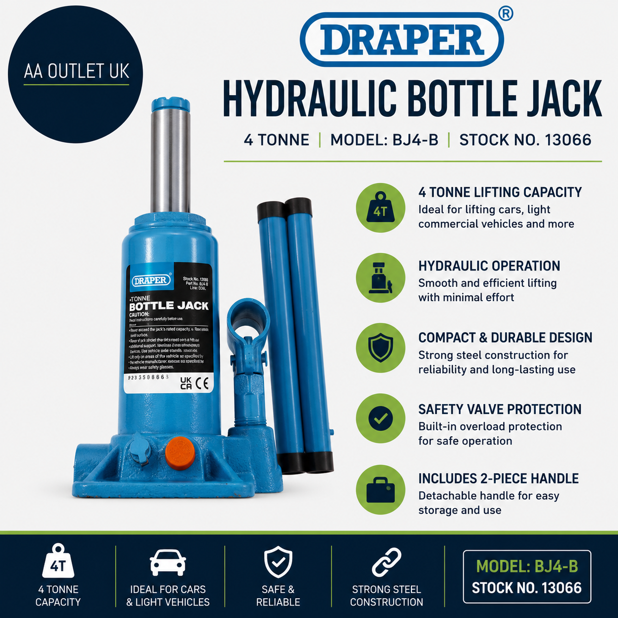 Draper 13066 BJ4B Hydraulic Bottle Jack 4 Tonne Blue High Carbon Steel