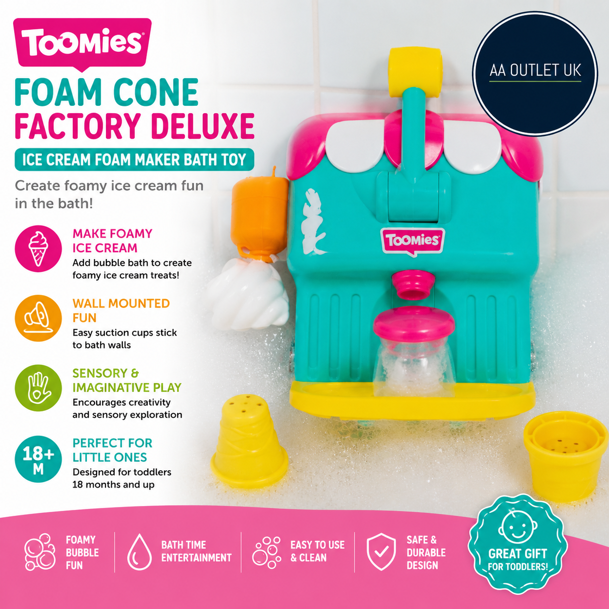 Toomies Foam Cone Factory Deluxe Ice Cream Foam Maker Baby Bath Toys 18m+