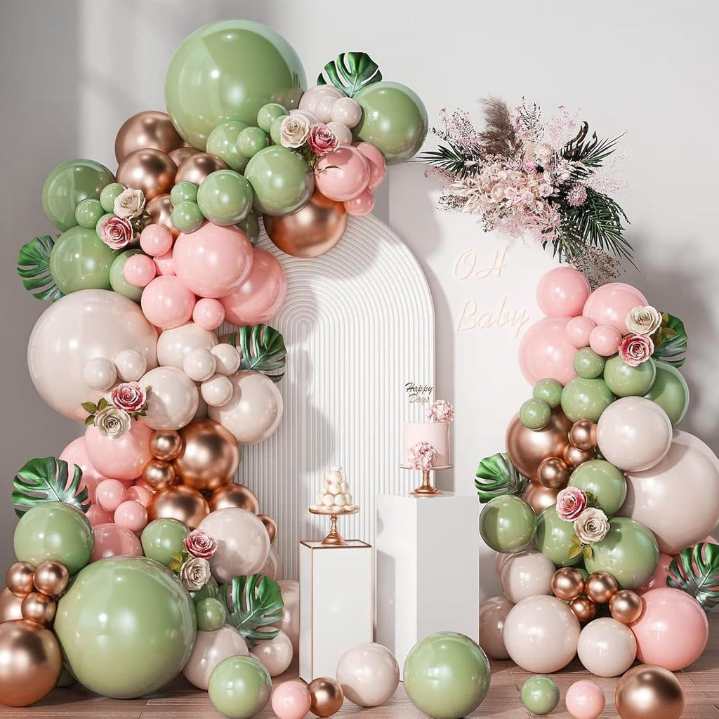 Kit Arche Rose Vert Sage 150pcs Pink White Gold Green Ballons 32x22x2cm New