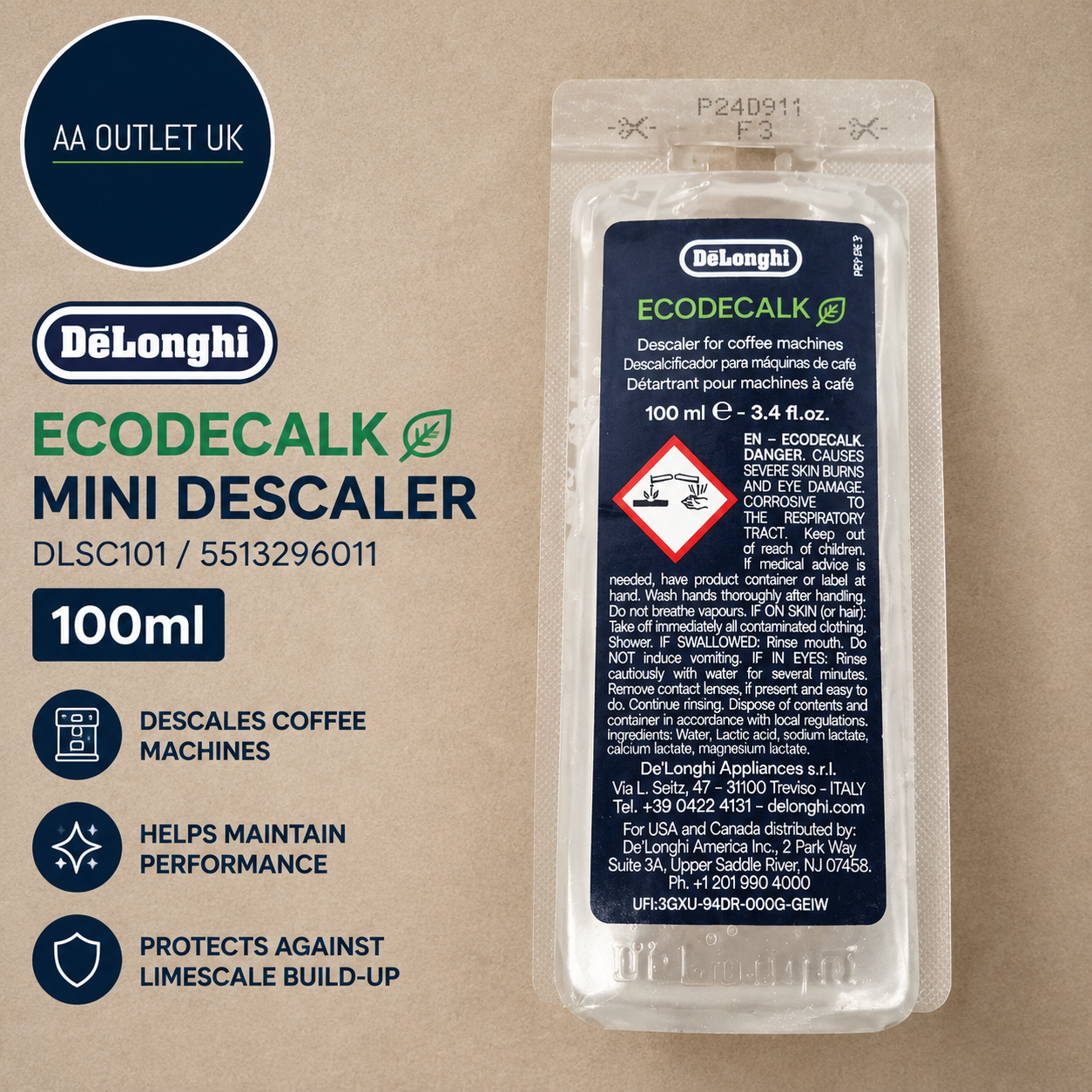 DeLonghi EcoDecalk Mini Descaler 100ml Coffee Machine Cleaner DLSC101 New
