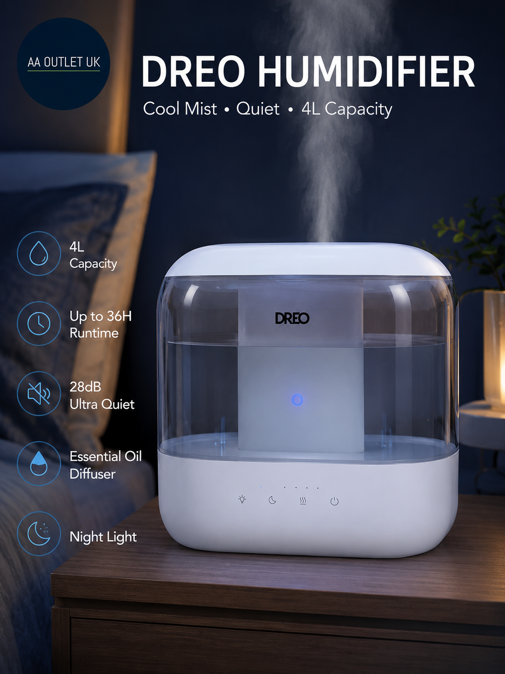 Dreo Humidifier Bedroom Baby 4L Cool Mist Supersized Home 28dB Quiet Air