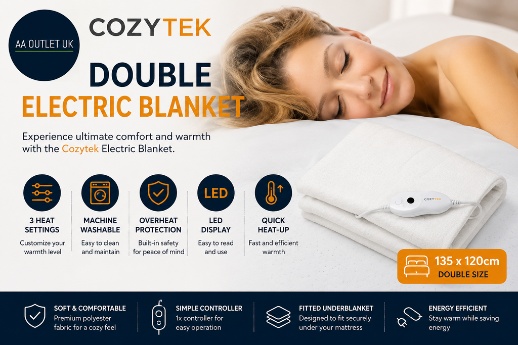 Cozytek Double Electric Blanket 135x120cm Soft Polyester Fitted Underblanket