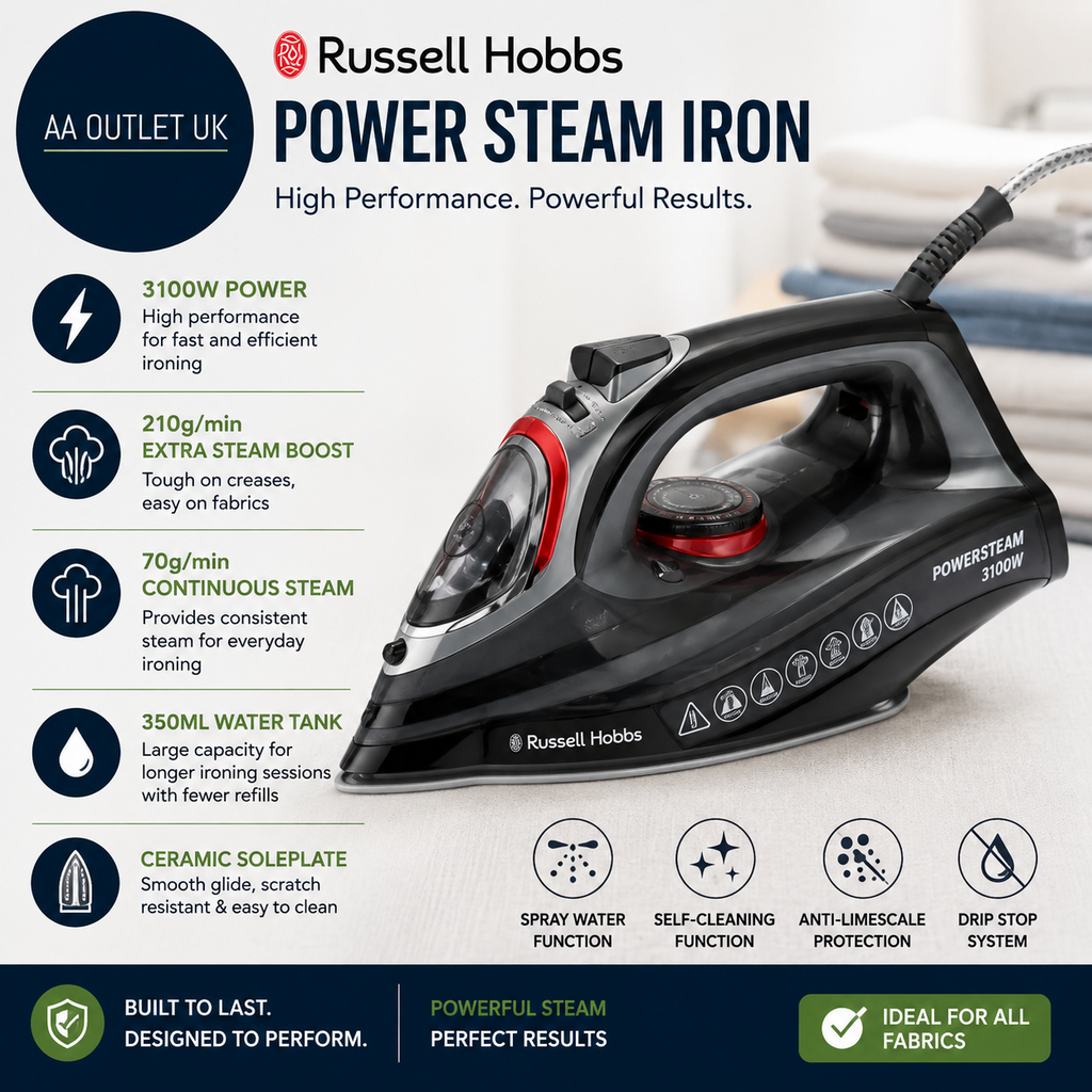 Russell Hobbs Steam Iron 3100W 210 g/min Extra Steam Boost Ceramic Soleplate