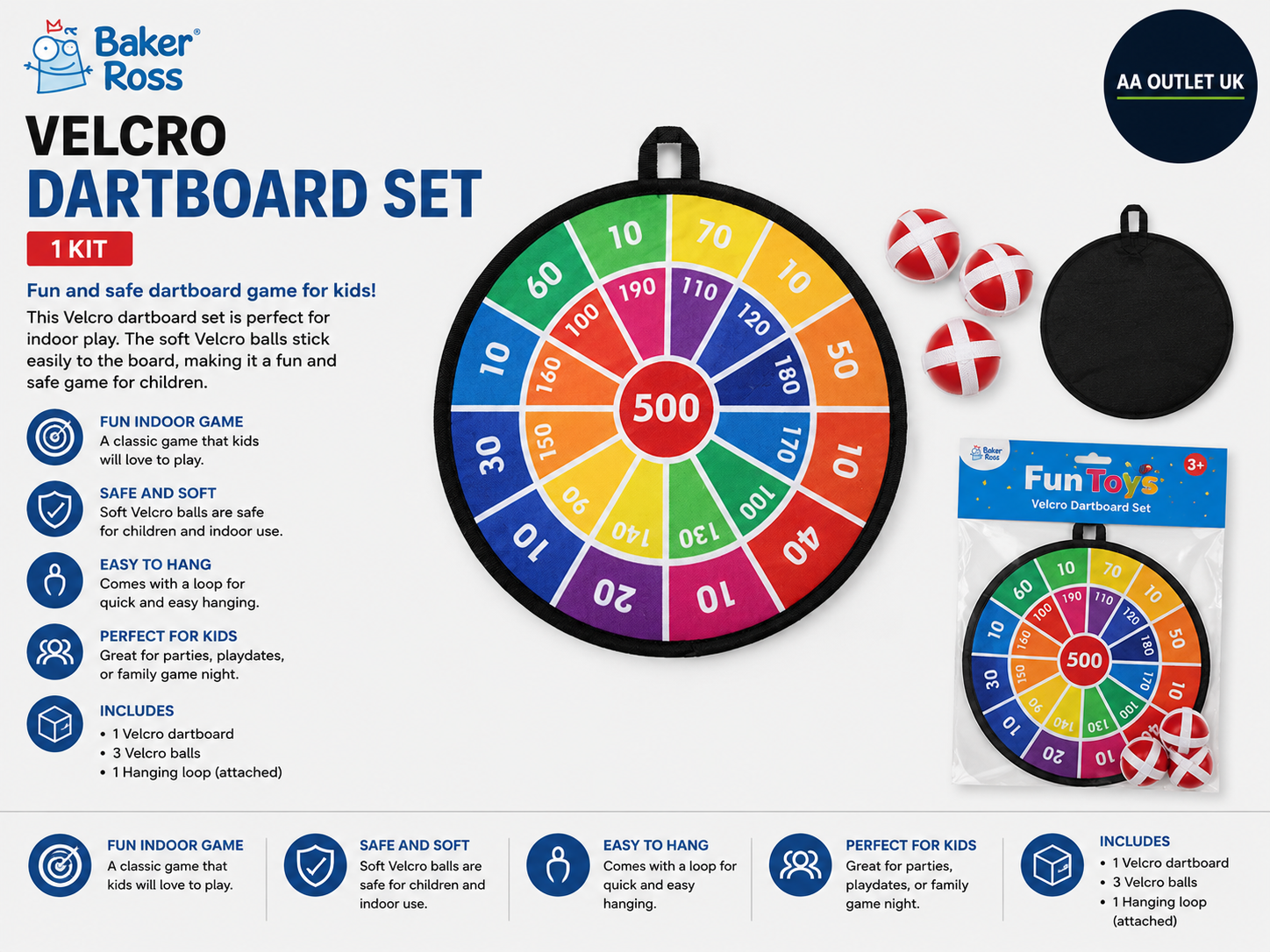 Baker Ross FN488 Dartboard Set Kids Indoor Target Game Kit Multi Colored Design